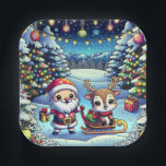Cute Cartoon Santa and Reindeer Christmas Paper Plate<br><div class="desc">Adorable Cartoon Santa and Reindeer Christmas party paper plates. Santa and reindeer standing in a pretty whimsical winter wonderland.</div>
