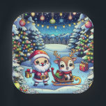 Cute Cartoon Santa and Reindeer Christmas Paper Plate<br><div class="desc">Adorable Cartoon Santa and Reindeer Christmas party paper plates. Santa and reindeer standing in a pretty whimsical winter wonderland.</div>