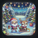 Cute Cartoon Santa and Reindeer Christmas Paper Plate<br><div class="desc">Adorable Cartoon Santa and Reindeer Christmas party paper plates. Santa and reindeer standing in a pretty whimsical winter wonderland.</div>