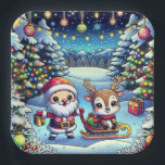 Cute Cartoon Santa and Reindeer Christmas Paper Plate<br><div class="desc">Adorable Cartoon Santa and Reindeer Christmas party paper plates. Santa and reindeer standing in a pretty whimsical winter wonderland.</div>