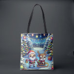 Cute Cartoon Santa and Reindeer Christmas Tote Bag<br><div class="desc">Adorable Cartoon Santa and Reindeer Christmas personalised tote bag. Santa and reindeer standing in a pretty whimsical winter wonderland.</div>