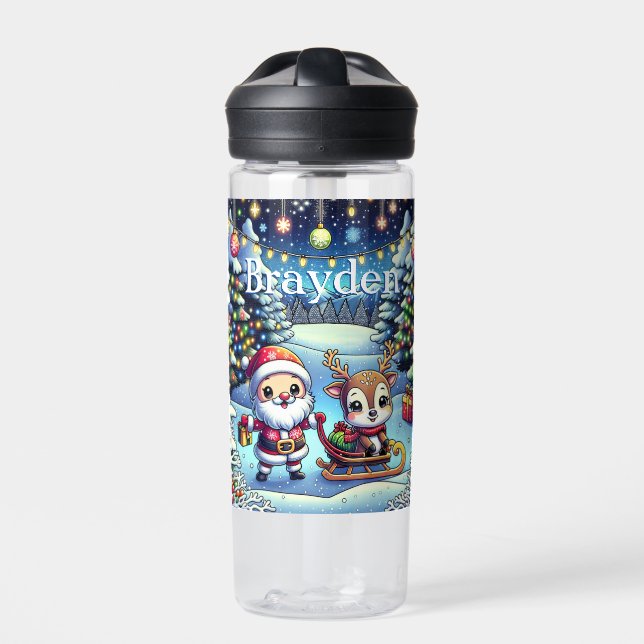 Cute Cartoon Santa and Reindeer Christmas Water Bottle (Front)