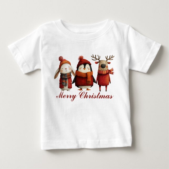 Cute Cartoon Santa Animals Merry Christmas Baby T-Shirt (Front)