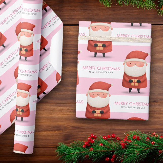 Cute Cartoon Santa Merry Christmas Name Pink Gift Wrapping Paper (Cute Cartoon Santa Merry Christmas Name Pink Gift Wrapping Paper)