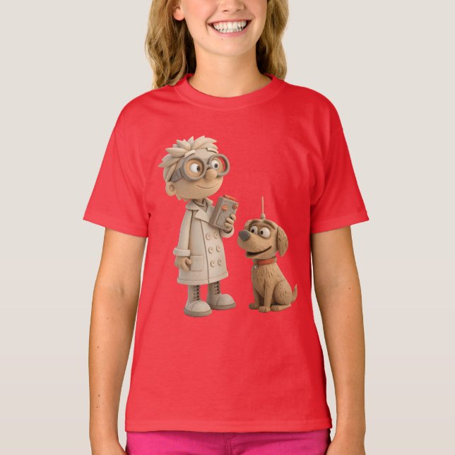 Cute Cartoon Scientist and Dog – Geeky 3D Style T-Shirt (Front)