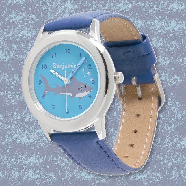 Cute Cartoon Shark Kid Blue Beginner Watch (Cute cartoon swimming shark kid watch with name . )