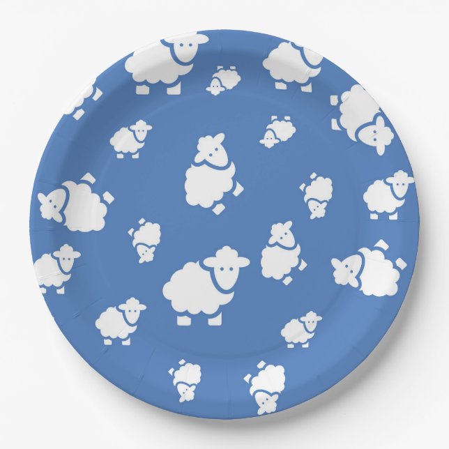 Cute cartoon Sheep on blue background Paper Plate (Front)
