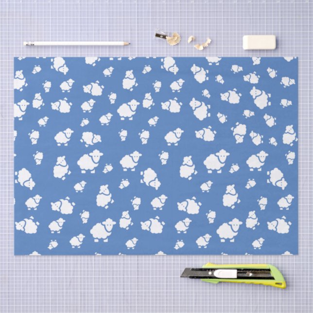 Cute Cartoon Sheep Tissue Paper – Blue Background  (Craft)