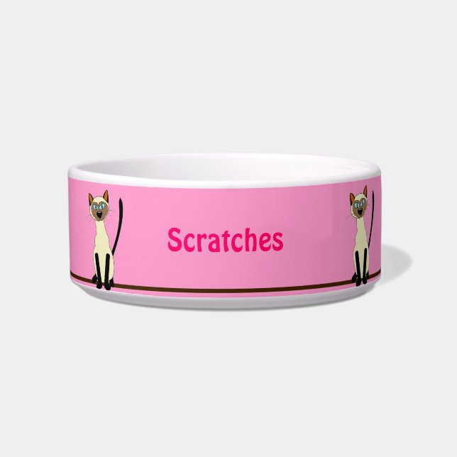 Cute Cartoon Siamese Cat Custom Pink Pets Bowl (Front)