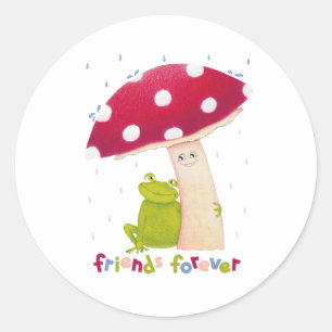 Cute cartoon sitting frog and mushroom in rain classic round sticker