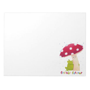 Cute cartoon sitting frog and mushroom in rain notepad