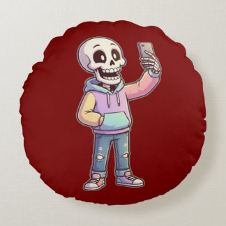 Cute Cartoon Skeleton Selfie - Full Body Trendy  Round Cushion