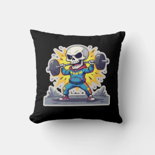 “Cute Cartoon Skeleton Weightlifter • Funny Gym Ba Cushion