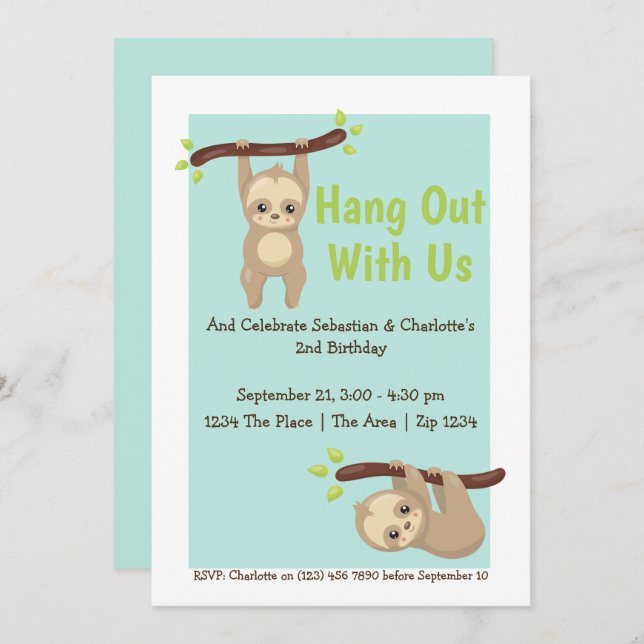 Cute Cartoon Sloth Birthday Party Invitation (Front/Back)
