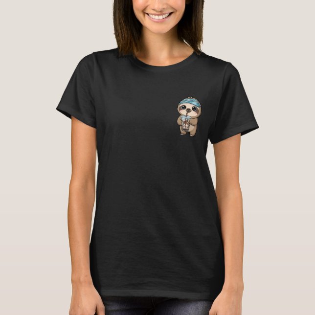 Cute Cartoon Sloth Drinking Iced Coffee T-Shirt (Front)
