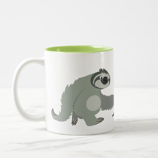 Cute Cartoon Sloth in a Hurry Two-Tone Coffee Mug (Left)