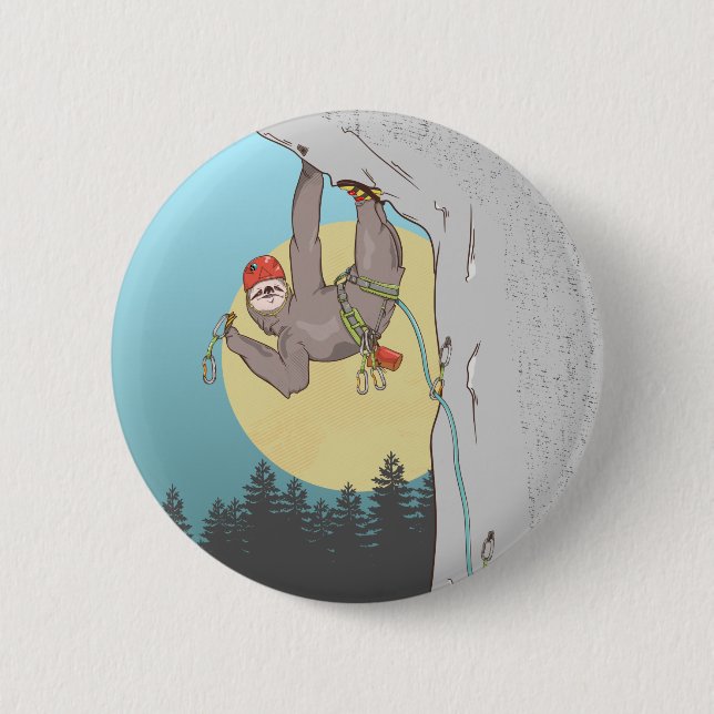 Cute cartoon sloth rock climbing 6 cm round badge (Front)