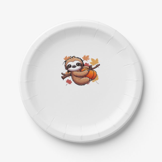 Cute Cartoon Sloth with Pumpkin - Autumn Season Ov Paper Plate (Front)