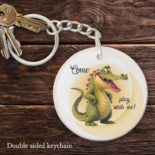 Cute Cartoon Smiling Crocodile "Come Play With Me" Key Ring