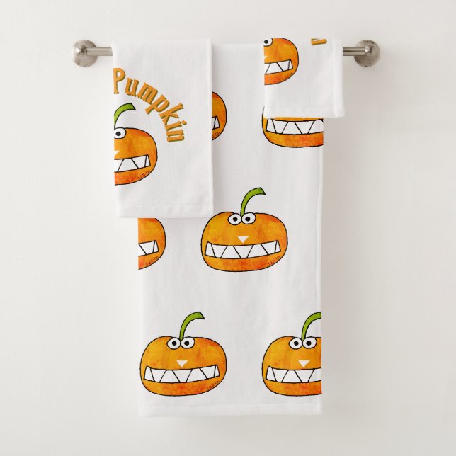 Cute Cartoon Smiling Hello Pumpkin Autumn Fall Bath Towel Set (Insitu)