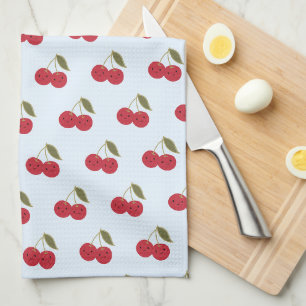 Cute Cartoon Smiling Kawaii Cherries Tea Towel