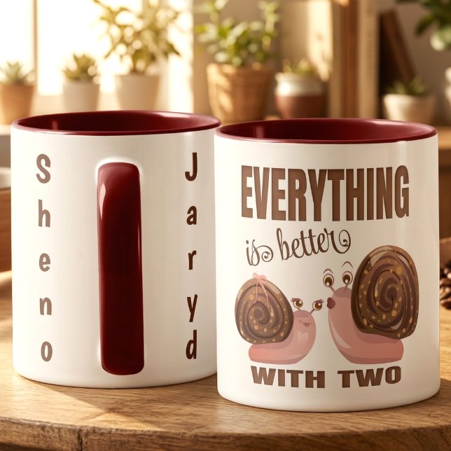 Cute Cartoon Snail Couple Mug (Two snails, twice the charm. Personalize it with your names. Original hand drawn art.)
