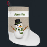 Cute Cartoon Snowman And Personalizable Name Beige Small Christmas Stocking<br><div class="desc">Destei's cartoon illustration of a cute snowman on a beige colour background with some white dots as snow. The snowman is wearing a green and white striped scarf and a black hat with a green stripe. There is also a personalizable text area for a name on the top of the...</div>