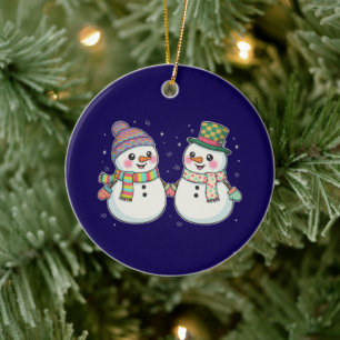 Cute Cartoon Snowman Couple Holding Hands   Winter Ceramic Tree Decoration