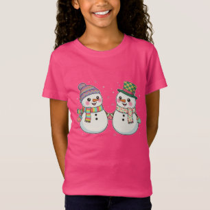 Cute Cartoon Snowman Couple Holding Hands   Winter T-Shirt