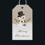 Cute Cartoon Snowman Illustration Merry Christmas Gift Tags<br><div class="desc">Destei's cartoon illustration of a cute smiling snowman. The snowman is wearing a black hat and a scarf that has green and white stripes. The background colour is beige with a pattern of white dots. The front reads "Merry Christmas!" in green script font and the back reads "To" and "From"....</div>