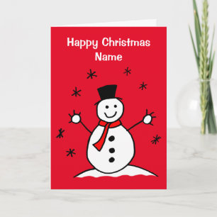 Cute Cartoon Snowman Red Christmas Card