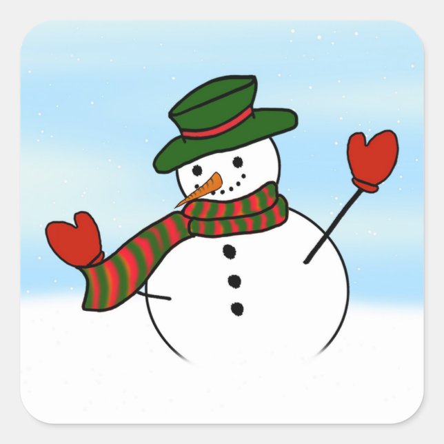 Cute Cartoon Snowman w/Green Hat & Mittens Square Sticker (Front)