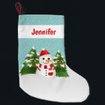 Cute Cartoon Snowman With Personalizable Name Red Small Christmas Stocking<br><div class="desc">This personalizable Christmas stocking features Destei's cartoon illustration of a cute snowman on a teal colour background with some white dots as snow. The snowman is wearing a red and white striped scarf and a red hat. Behind the snowman there are two green fir trees that has some snow on...</div>