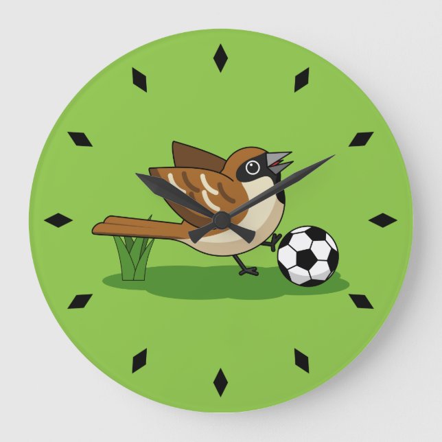 Cute Cartoon Sparrow Playing Soccer Large Clock (Front)