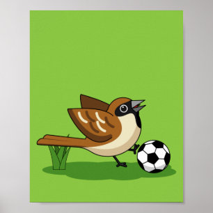 Cute Cartoon Sparrow Playing Soccer Poster