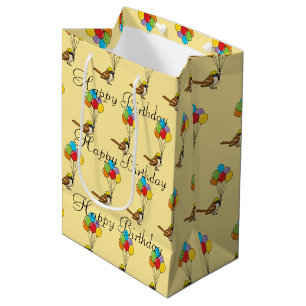 Cute Cartoon Sparrow with Balloons Birthday Medium Gift Bag