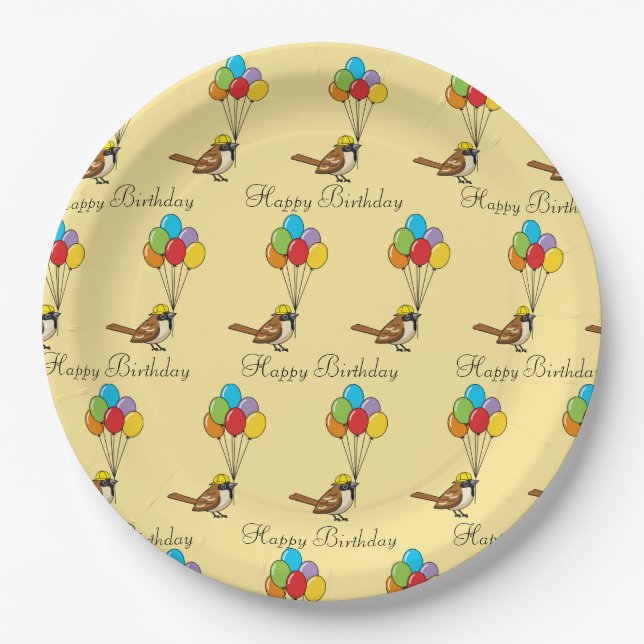 Cute Cartoon Sparrow with Balloons Birthday Paper Plate (Front)