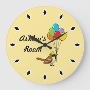 Cute Cartoon Sparrow with Balloons Kid Name Large Clock