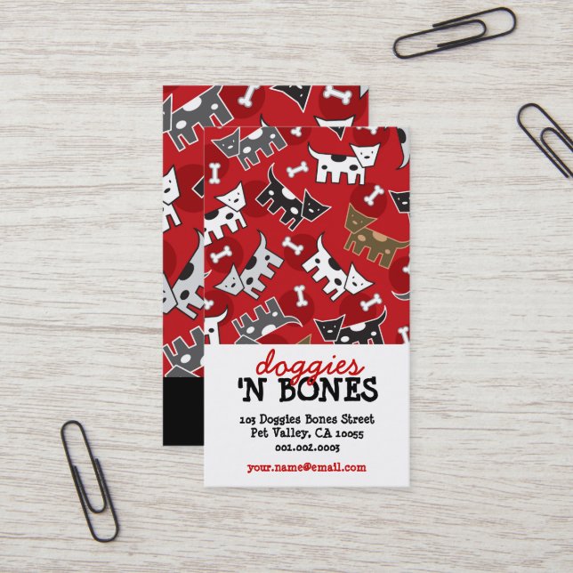 Cute Cartoon Spotted Doggies & Bones Pet Shop Business Card (Front/Back In Situ)
