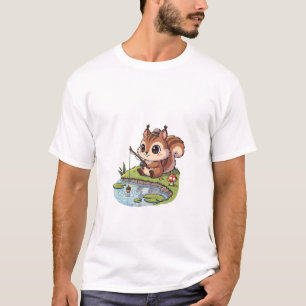 Cute Cartoon Squirrel Fishing with Acorn in Pond T-Shirt