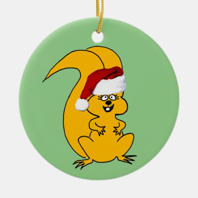 Cute Cartoon Squirrel in Santa Hat Christmas Ceramic Tree Decoration (Front)