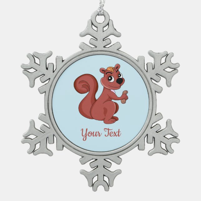 Cute cartoon squirrel with a peanut  snowflake pew pewter christmas ornament (Front)