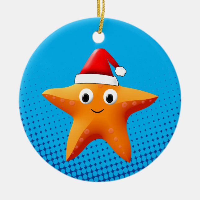 Cute Cartoon Starfish Santa Hat Ceramic Tree Decoration (Front)