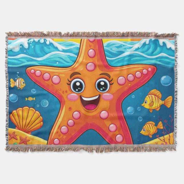 Cute Cartoon Starfish Smiling Underwater Throw Blanket (Front)