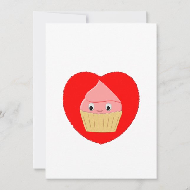 Cute Cartoon Strawberry Cupcake In Red Heart  Invitation (Front)