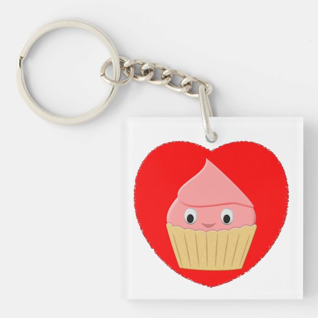 Cute Cartoon Strawberry Cupcake In Red Heart Keych Key Ring (Front)