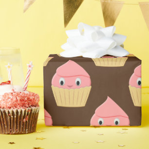 Cute Cartoon Strawberry Cupcake On Brown Wrapping Paper