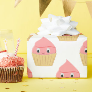 Cute Cartoon Strawberry Cupcake On White Wrapping Paper