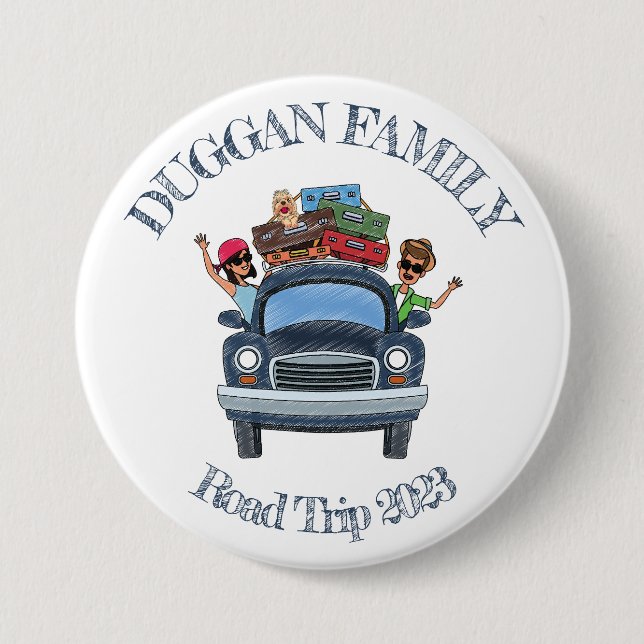 Cute Cartoon Style Family Road Trip Custom Text 7.5 Cm Round Badge (Front)