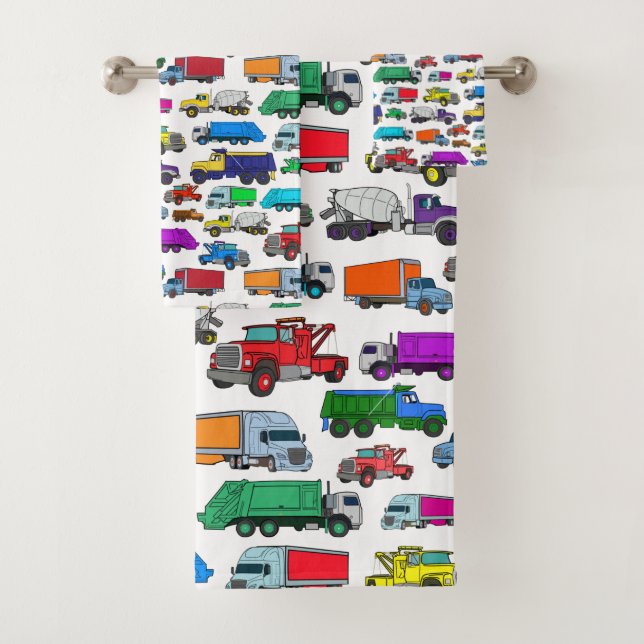 Cute Cartoon-style Truck Illustrations Bath Towel Set (Insitu)
